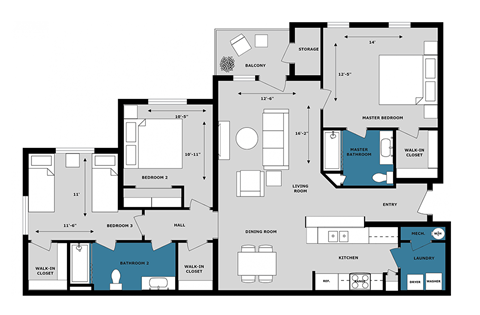 Floor plan for 3 beds, 2 baths, 1350 sqft